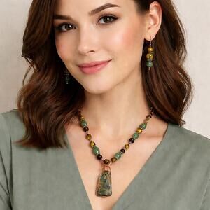 Green Falcon's Eye (Tigers) Oblong Stone 2" Green Brown 20" Necklace Earrings